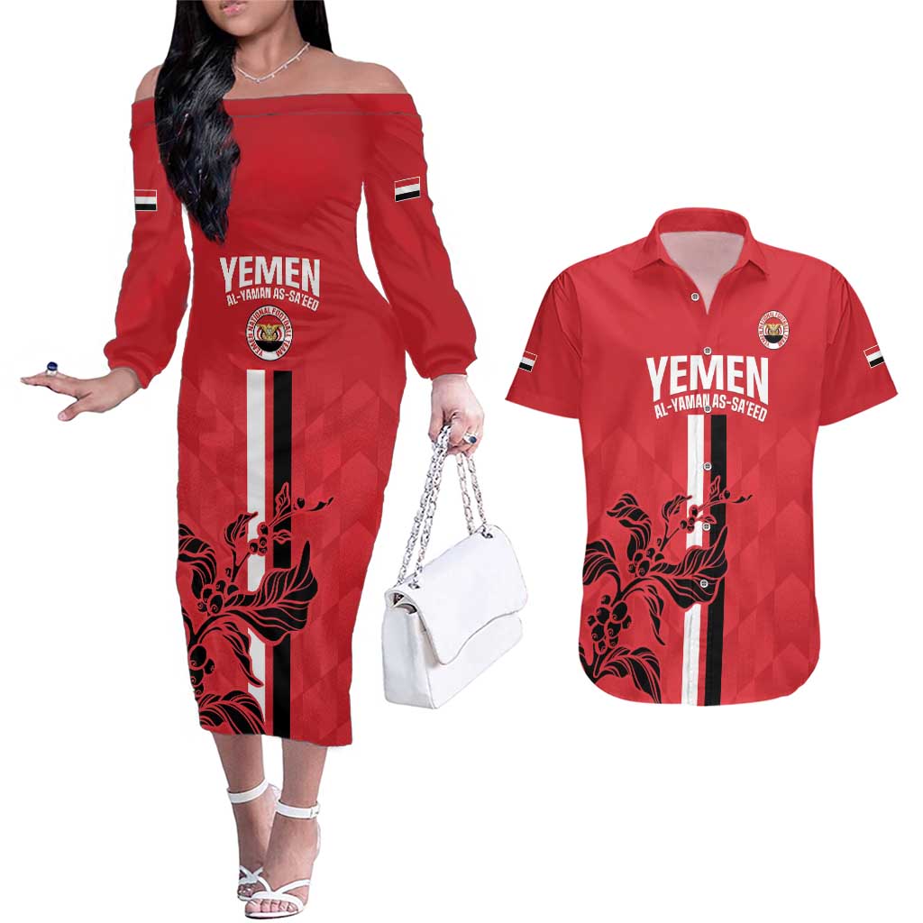 Custom Yemen Football Couples Matching Off The Shoulder Long Sleeve Dress and Hawaiian Shirt Come On Al-Yaman as-Sa'eed