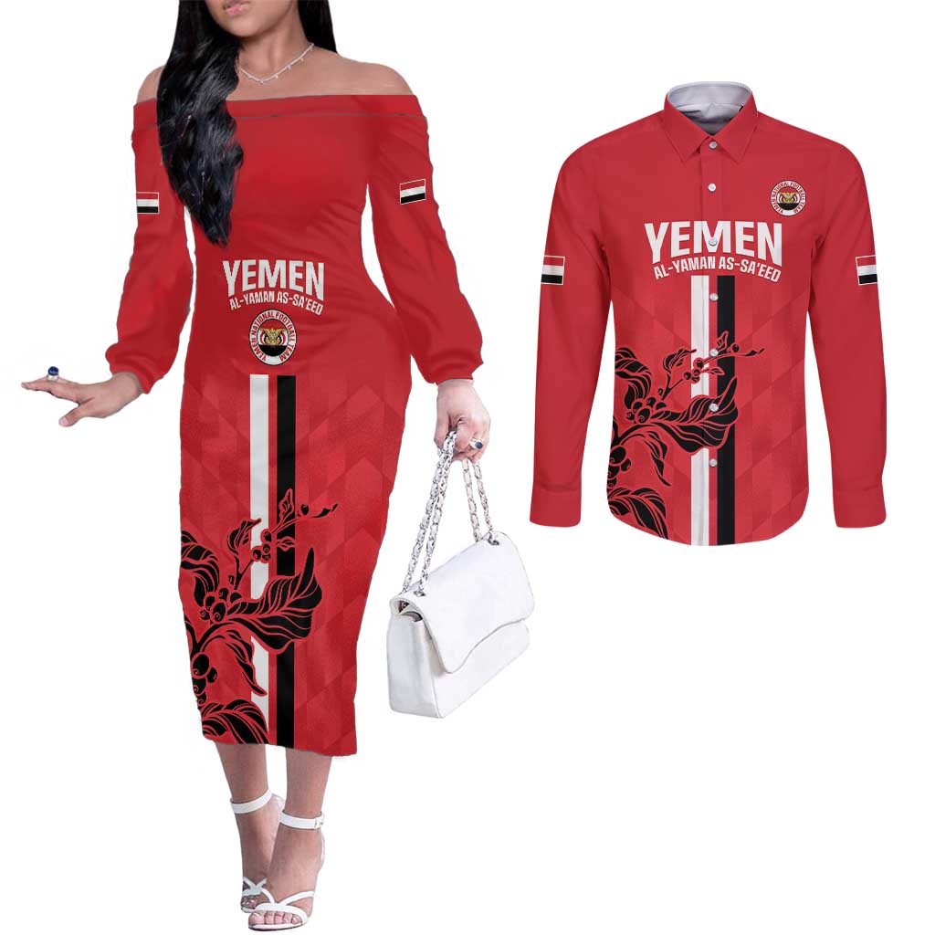 Custom Yemen Football Couples Matching Off The Shoulder Long Sleeve Dress and Long Sleeve Button Shirt Come On Al-Yaman as-Sa'eed
