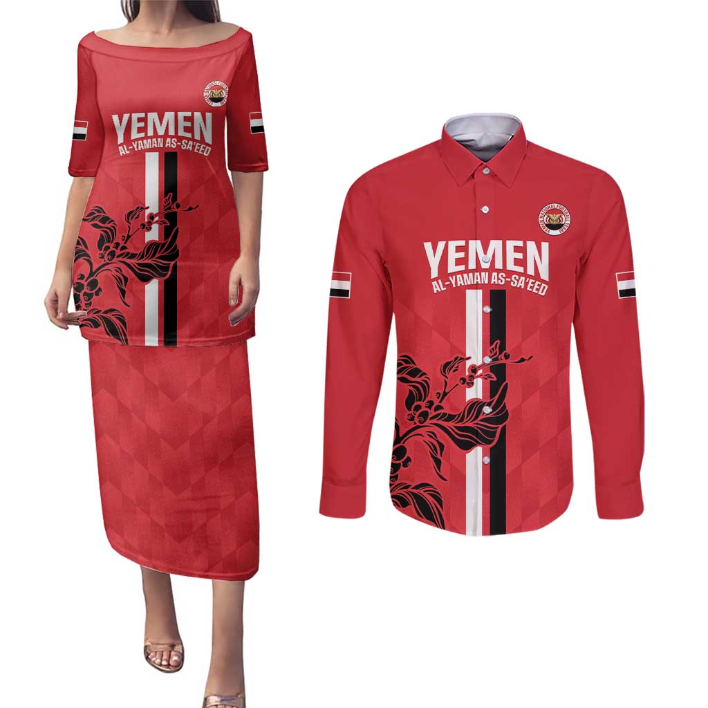 Custom Yemen Football Couples Matching Puletasi and Long Sleeve Button Shirt Come On Al-Yaman as-Sa'eed