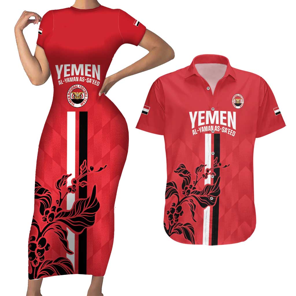 Custom Yemen Football Couples Matching Short Sleeve Bodycon Dress and Hawaiian Shirt Come On Al-Yaman as-Sa'eed