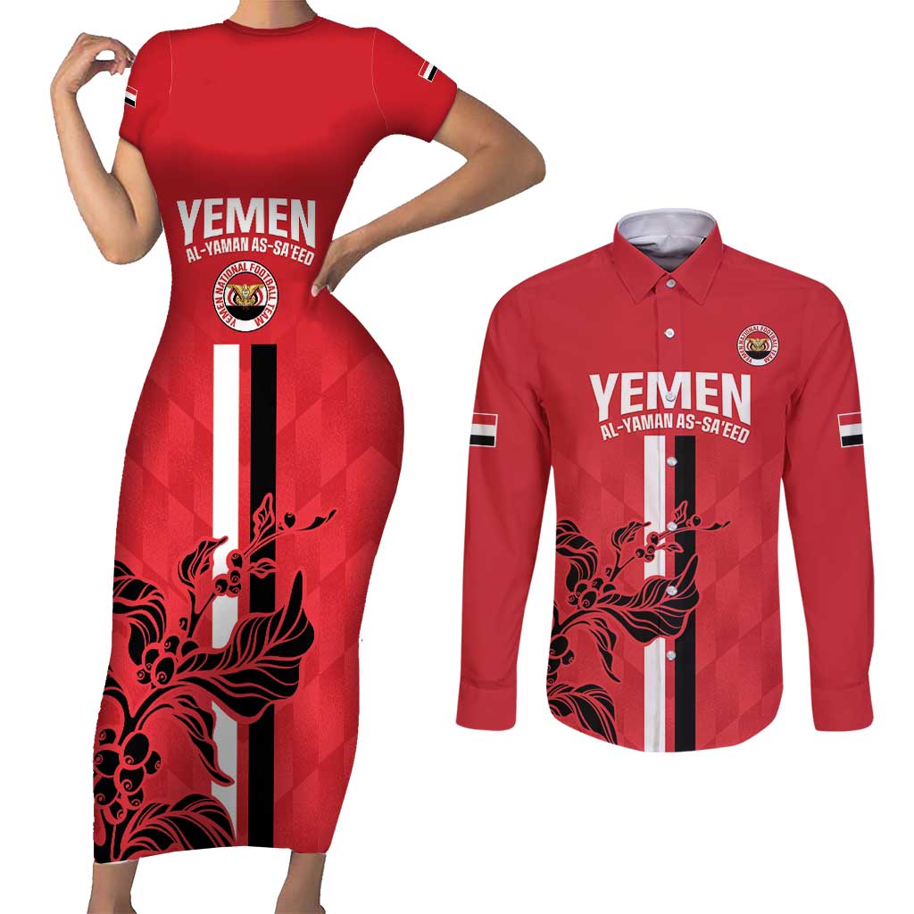 Custom Yemen Football Couples Matching Short Sleeve Bodycon Dress and Long Sleeve Button Shirt Come On Al-Yaman as-Sa'eed