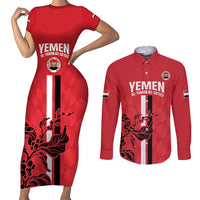 Custom Yemen Football Couples Matching Short Sleeve Bodycon Dress and Long Sleeve Button Shirt Come On Al-Yaman as-Sa'eed
