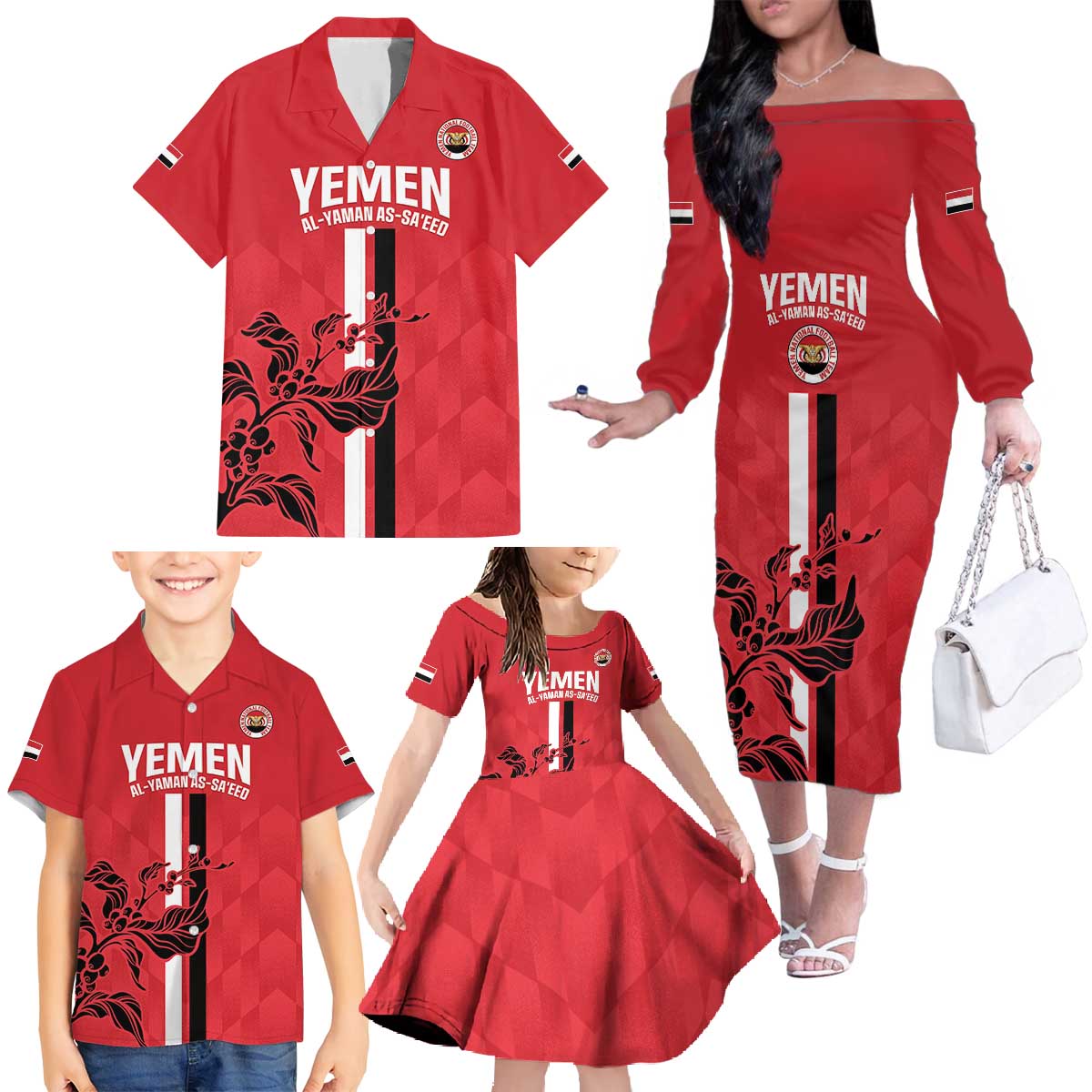 Custom Yemen Football Family Matching Off The Shoulder Long Sleeve Dress and Hawaiian Shirt Come On Al-Yaman as-Sa'eed