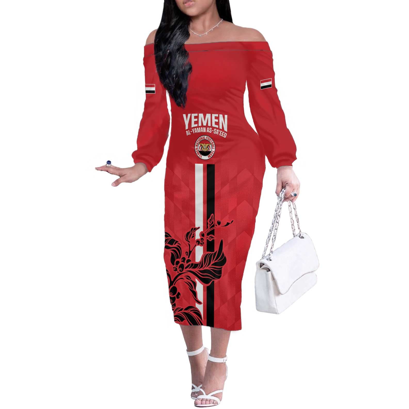 Custom Yemen Football Off The Shoulder Long Sleeve Dress Come On Al-Yaman as-Sa'eed