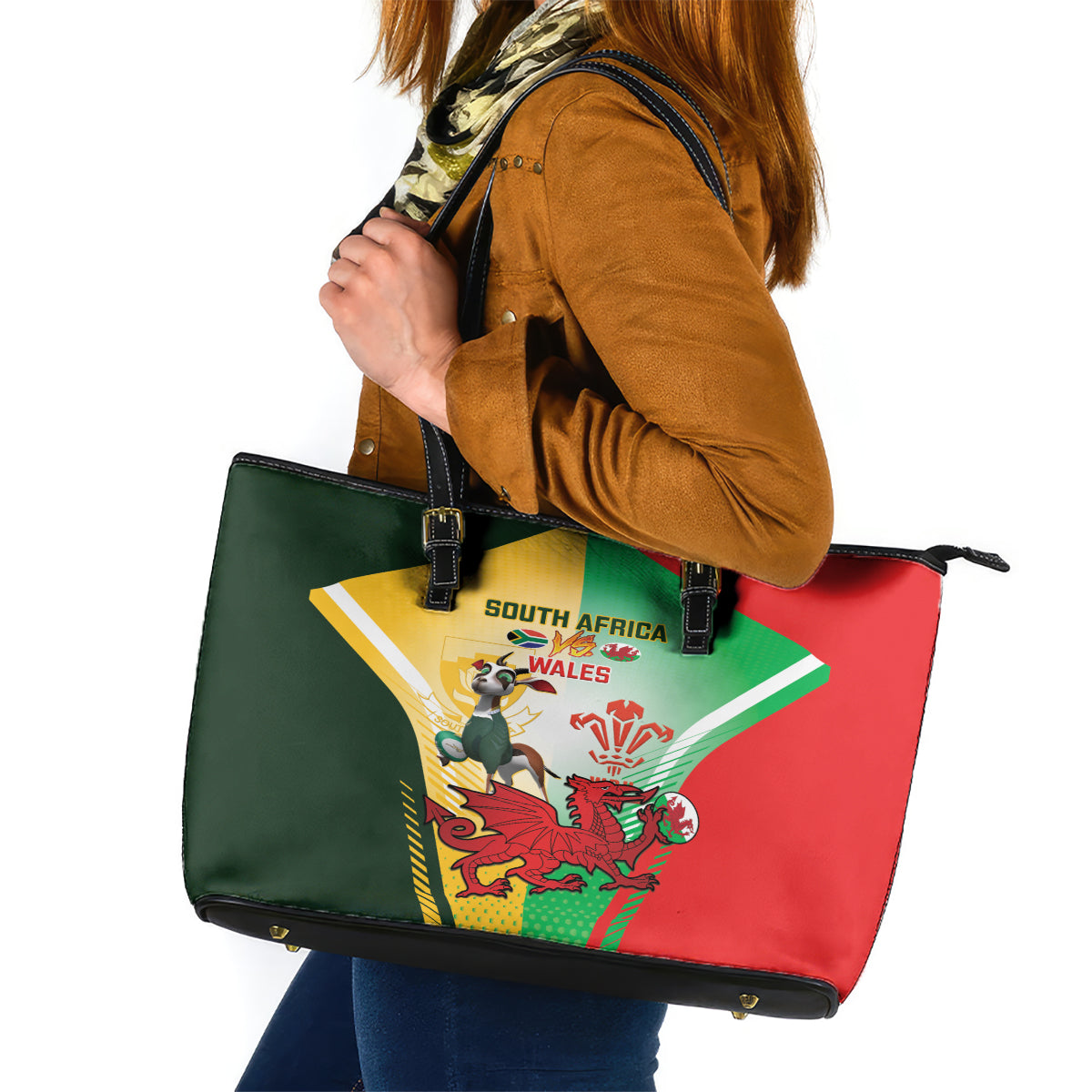 South Africa And Wales Rugby Leather Tote Bag 2024 Springboks Dragons Mascots Together