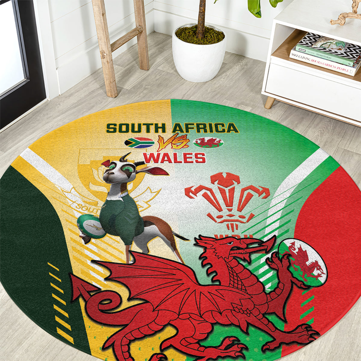South Africa And Wales Rugby Round Carpet 2024 Springboks Dragons Mascots Together