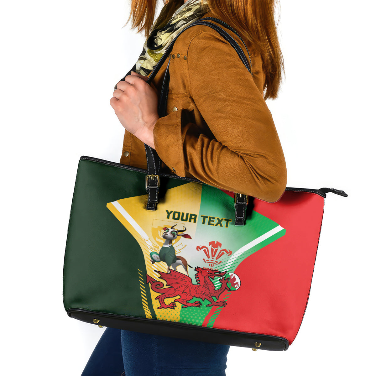 Custom South Africa And Wales Rugby Leather Tote Bag 2024 Springboks Dragons Mascots Together