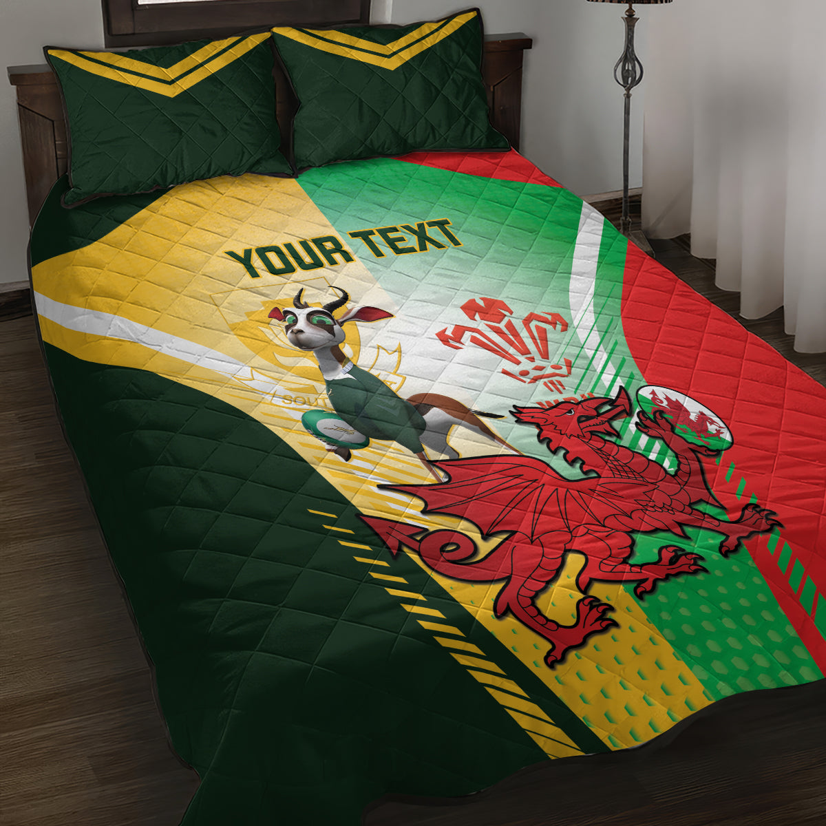 Custom South Africa And Wales Rugby Quilt Bed Set 2024 Springboks Dragons Mascots Together