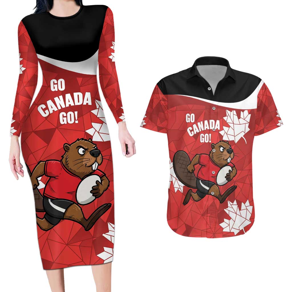 Canada Rugby Custom Couples Matching Long Sleeve Bodycon Dress and Hawaiian Shirt Beaver Mascot Go Canadian