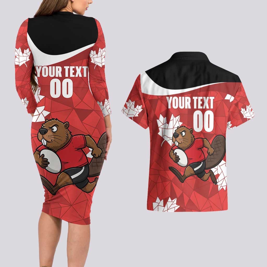 Canada Rugby Custom Couples Matching Long Sleeve Bodycon Dress and Hawaiian Shirt Beaver Mascot Go Canadian