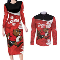 Canada Rugby Custom Couples Matching Long Sleeve Bodycon Dress and Long Sleeve Button Shirt Beaver Mascot Go Canadian