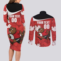 Canada Rugby Custom Couples Matching Long Sleeve Bodycon Dress and Long Sleeve Button Shirt Beaver Mascot Go Canadian