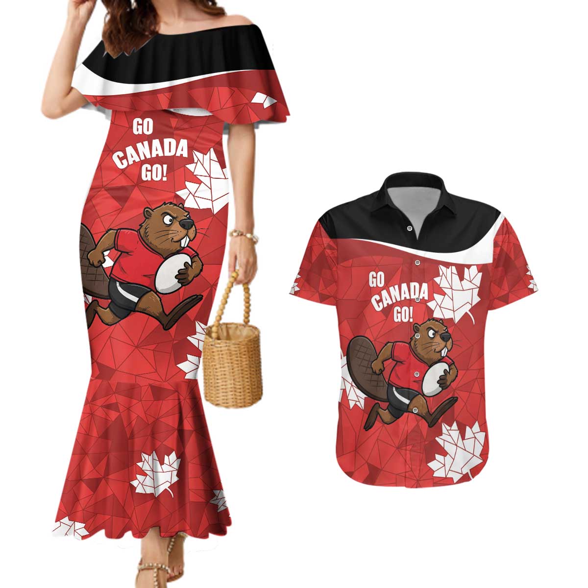 Canada Rugby Custom Couples Matching Mermaid Dress and Hawaiian Shirt Beaver Mascot Go Canadian