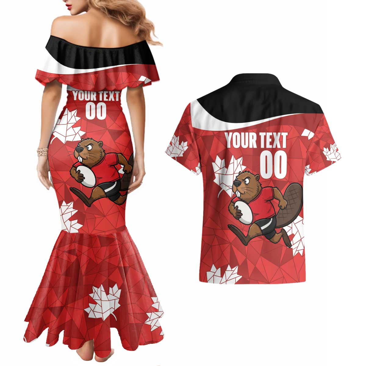 Canada Rugby Custom Couples Matching Mermaid Dress and Hawaiian Shirt Beaver Mascot Go Canadian