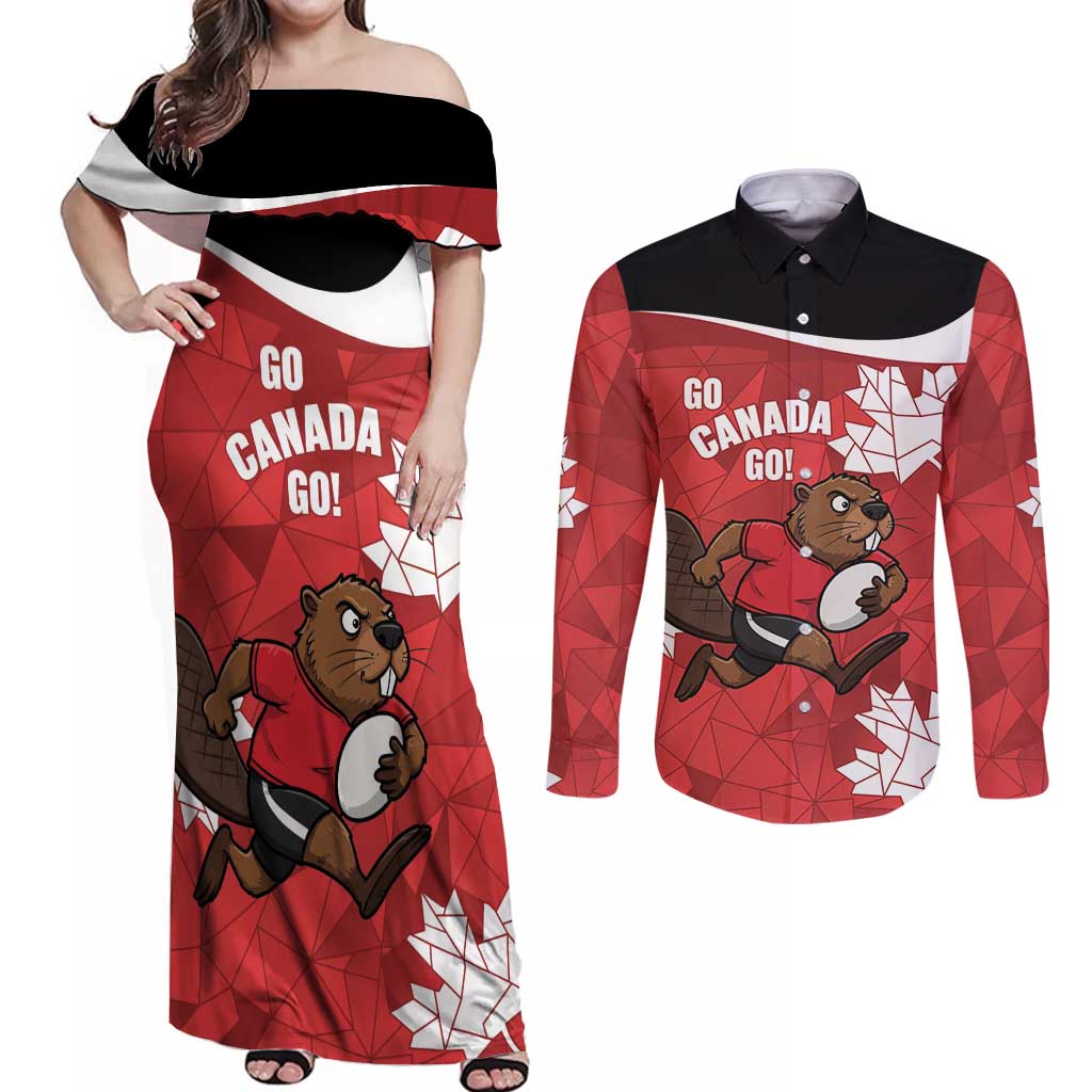 Canada Rugby Custom Couples Matching Off Shoulder Maxi Dress and Long Sleeve Button Shirt Beaver Mascot Go Canadian