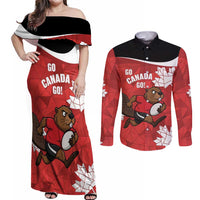 Canada Rugby Custom Couples Matching Off Shoulder Maxi Dress and Long Sleeve Button Shirt Beaver Mascot Go Canadian