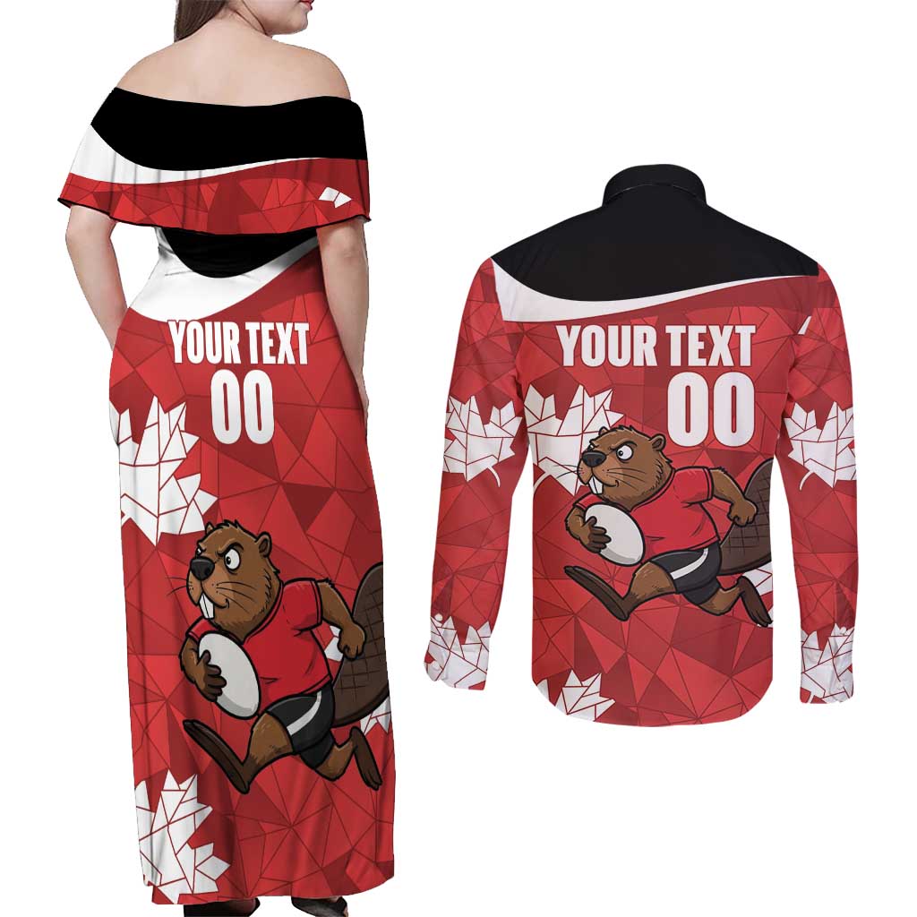 Canada Rugby Custom Couples Matching Off Shoulder Maxi Dress and Long Sleeve Button Shirt Beaver Mascot Go Canadian