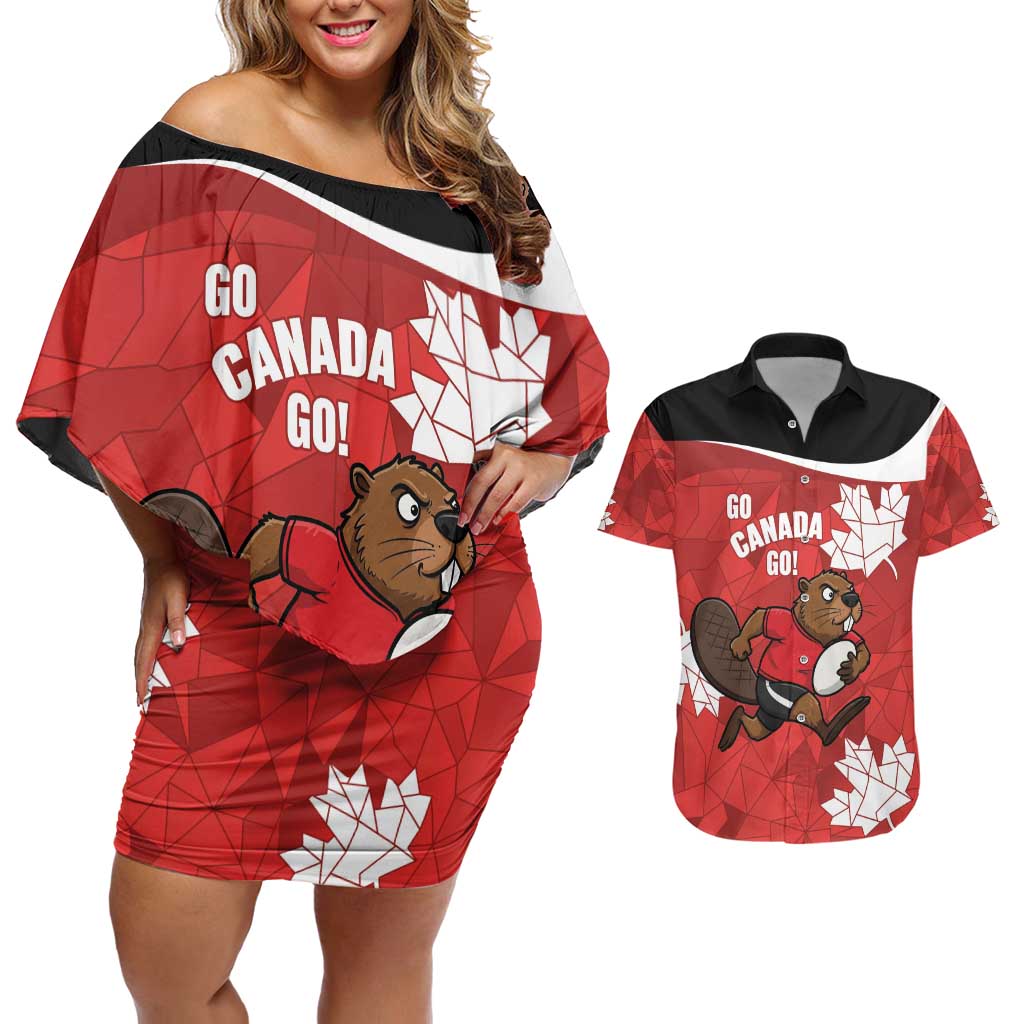 Canada Rugby Custom Couples Matching Off Shoulder Short Dress and Hawaiian Shirt Beaver Mascot Go Canadian