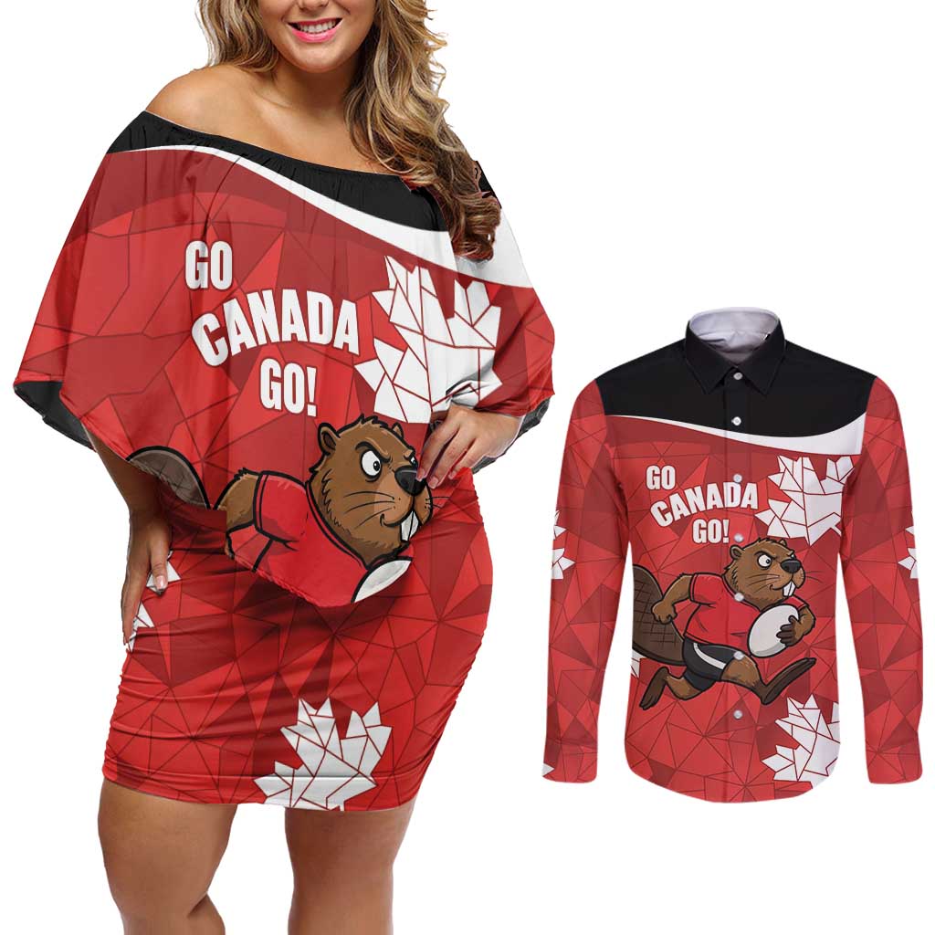 Canada Rugby Custom Couples Matching Off Shoulder Short Dress and Long Sleeve Button Shirt Beaver Mascot Go Canadian