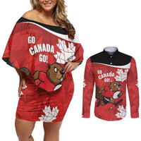 Canada Rugby Custom Couples Matching Off Shoulder Short Dress and Long Sleeve Button Shirt Beaver Mascot Go Canadian