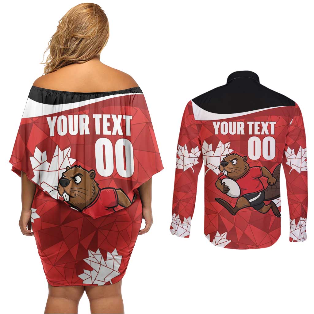 Canada Rugby Custom Couples Matching Off Shoulder Short Dress and Long Sleeve Button Shirt Beaver Mascot Go Canadian