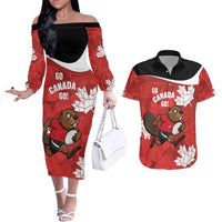Canada Rugby Custom Couples Matching Off The Shoulder Long Sleeve Dress and Hawaiian Shirt Beaver Mascot Go Canadian