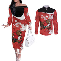 Canada Rugby Custom Couples Matching Off The Shoulder Long Sleeve Dress and Long Sleeve Button Shirt Beaver Mascot Go Canadian