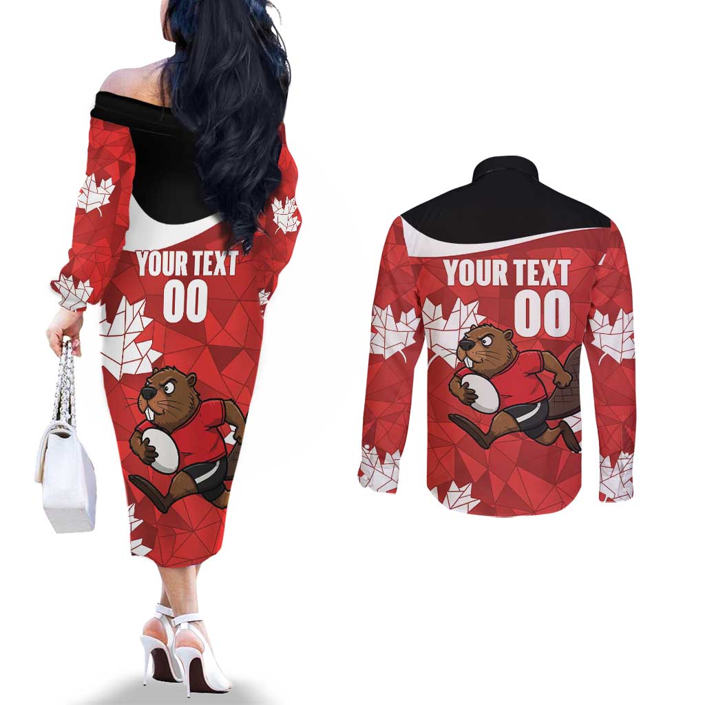 Canada Rugby Custom Couples Matching Off The Shoulder Long Sleeve Dress and Long Sleeve Button Shirt Beaver Mascot Go Canadian