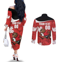 Canada Rugby Custom Couples Matching Off The Shoulder Long Sleeve Dress and Long Sleeve Button Shirt Beaver Mascot Go Canadian