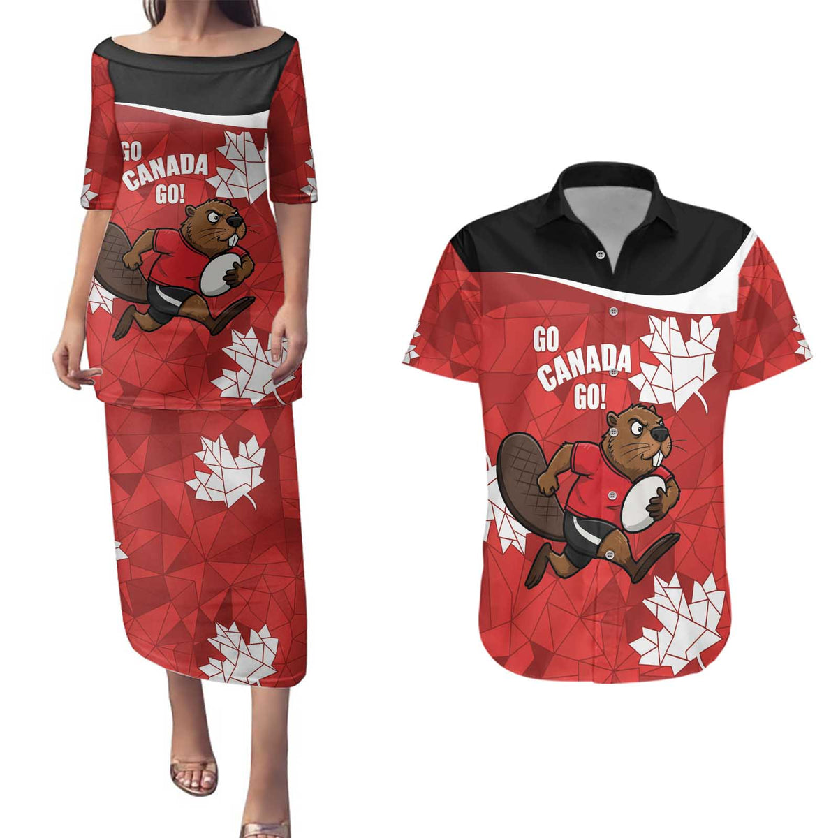 Canada Rugby Custom Couples Matching Puletasi and Hawaiian Shirt Beaver Mascot Go Canadian