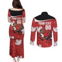 Canada Rugby Custom Couples Matching Puletasi and Long Sleeve Button Shirt Beaver Mascot Go Canadian