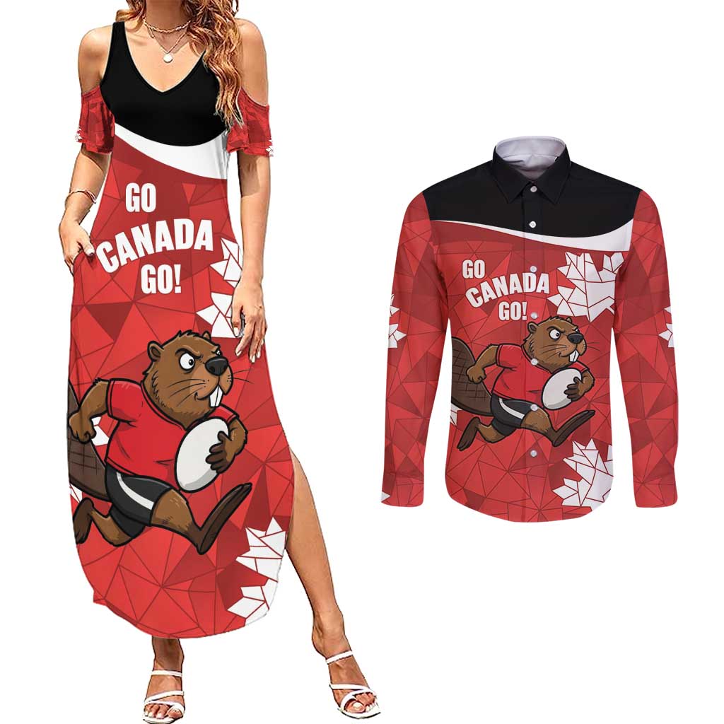 Canada Rugby Custom Couples Matching Summer Maxi Dress and Long Sleeve Button Shirt Beaver Mascot Go Canadian