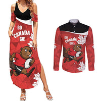 Canada Rugby Custom Couples Matching Summer Maxi Dress and Long Sleeve Button Shirt Beaver Mascot Go Canadian