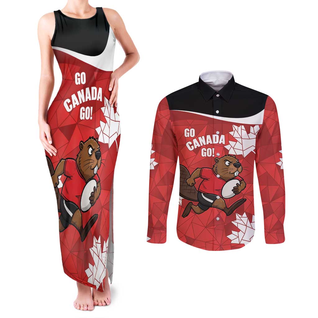 Canada Rugby Custom Couples Matching Tank Maxi Dress and Long Sleeve Button Shirt Beaver Mascot Go Canadian