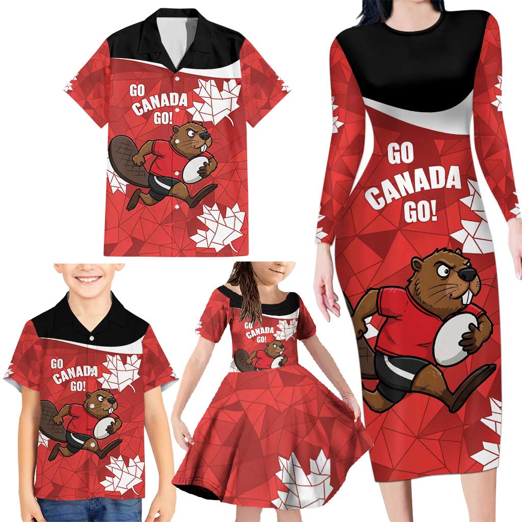 Canada Rugby Custom Family Matching Long Sleeve Bodycon Dress and Hawaiian Shirt Beaver Mascot Go Canadian