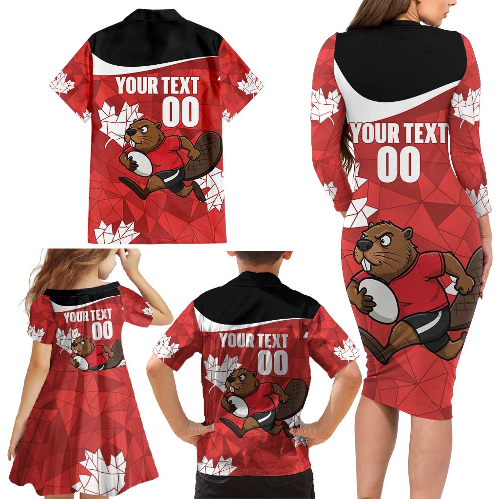 Canada Rugby Custom Family Matching Long Sleeve Bodycon Dress and Hawaiian Shirt Beaver Mascot Go Canadian