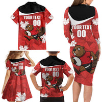 Canada Rugby Custom Family Matching Long Sleeve Bodycon Dress and Hawaiian Shirt Beaver Mascot Go Canadian