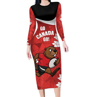 Canada Rugby Custom Family Matching Long Sleeve Bodycon Dress and Hawaiian Shirt Beaver Mascot Go Canadian