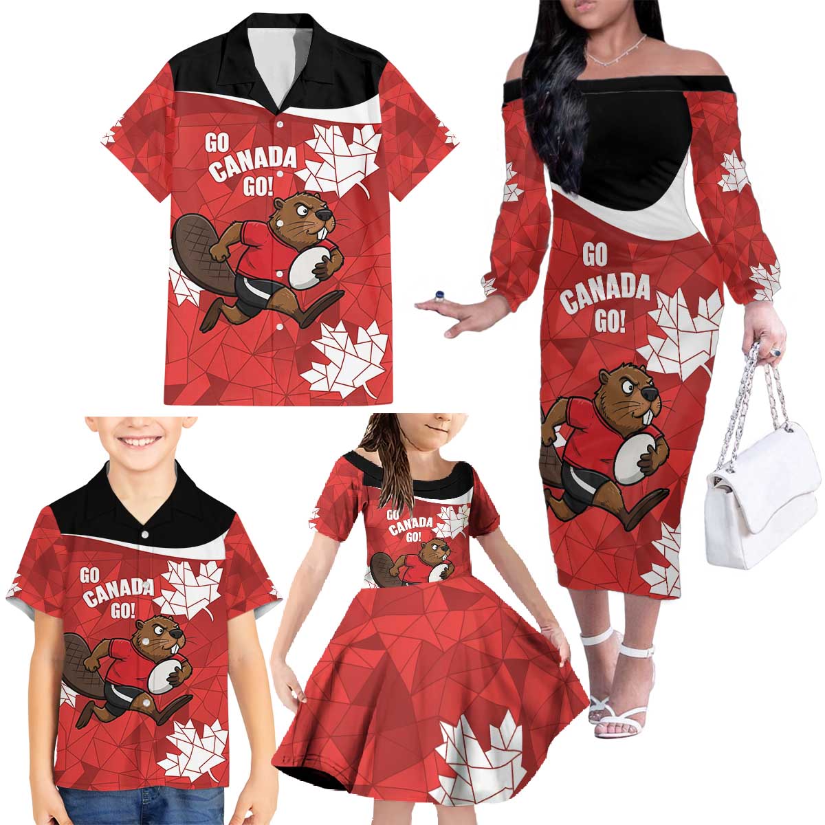 Canada Rugby Custom Family Matching Off The Shoulder Long Sleeve Dress and Hawaiian Shirt Beaver Mascot Go Canadian