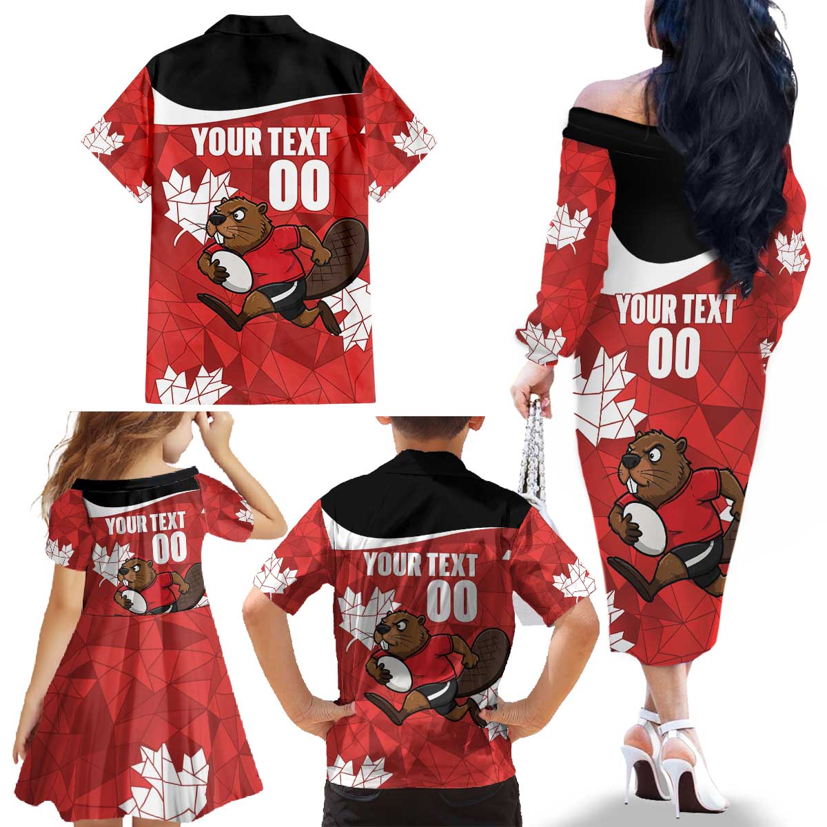 Canada Rugby Custom Family Matching Off The Shoulder Long Sleeve Dress and Hawaiian Shirt Beaver Mascot Go Canadian