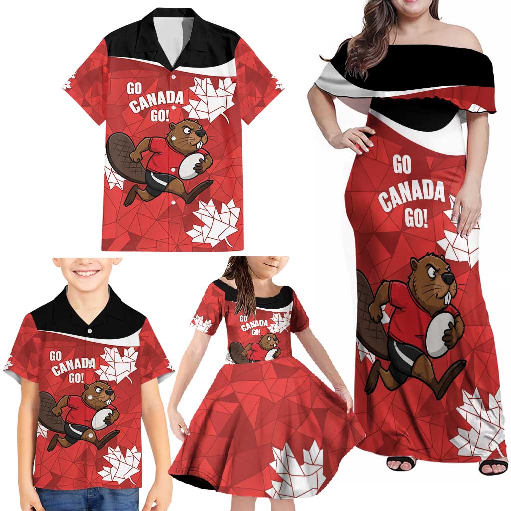 Canada Rugby Custom Family Matching Off Shoulder Maxi Dress and Hawaiian Shirt Beaver Mascot Go Canadian