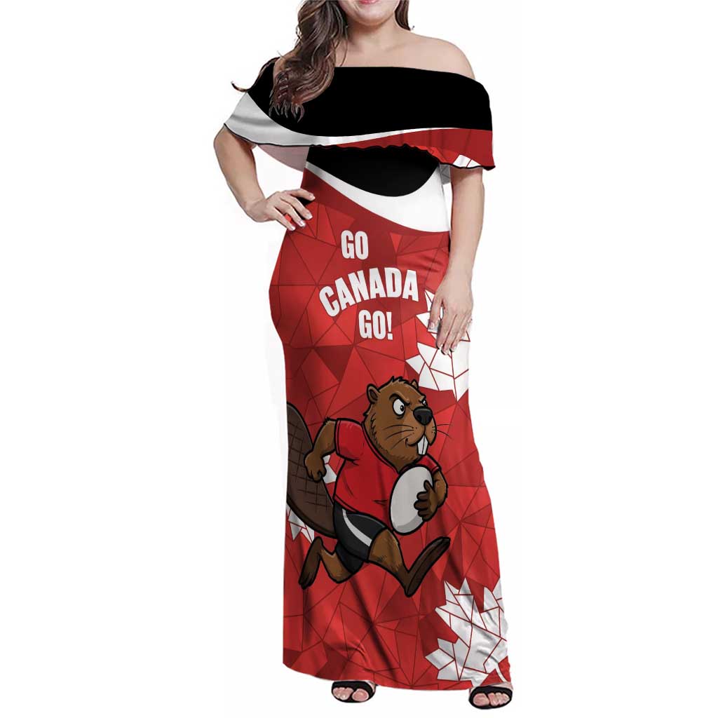 Canada Rugby Custom Family Matching Off Shoulder Maxi Dress and Hawaiian Shirt Beaver Mascot Go Canadian