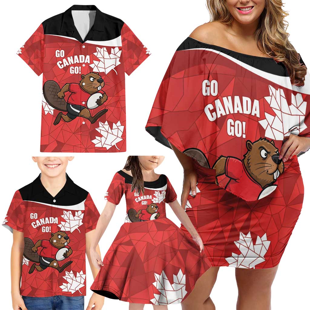 Canada Rugby Custom Family Matching Off Shoulder Short Dress and Hawaiian Shirt Beaver Mascot Go Canadian