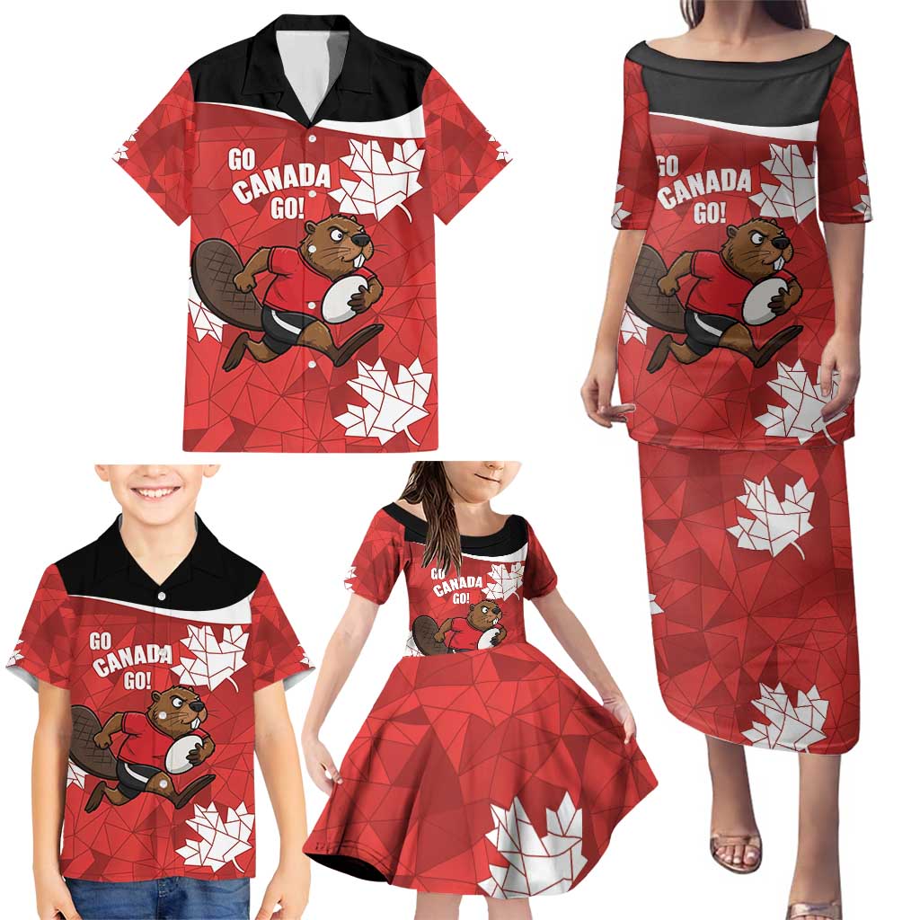 Canada Rugby Custom Family Matching Puletasi and Hawaiian Shirt Beaver Mascot Go Canadian