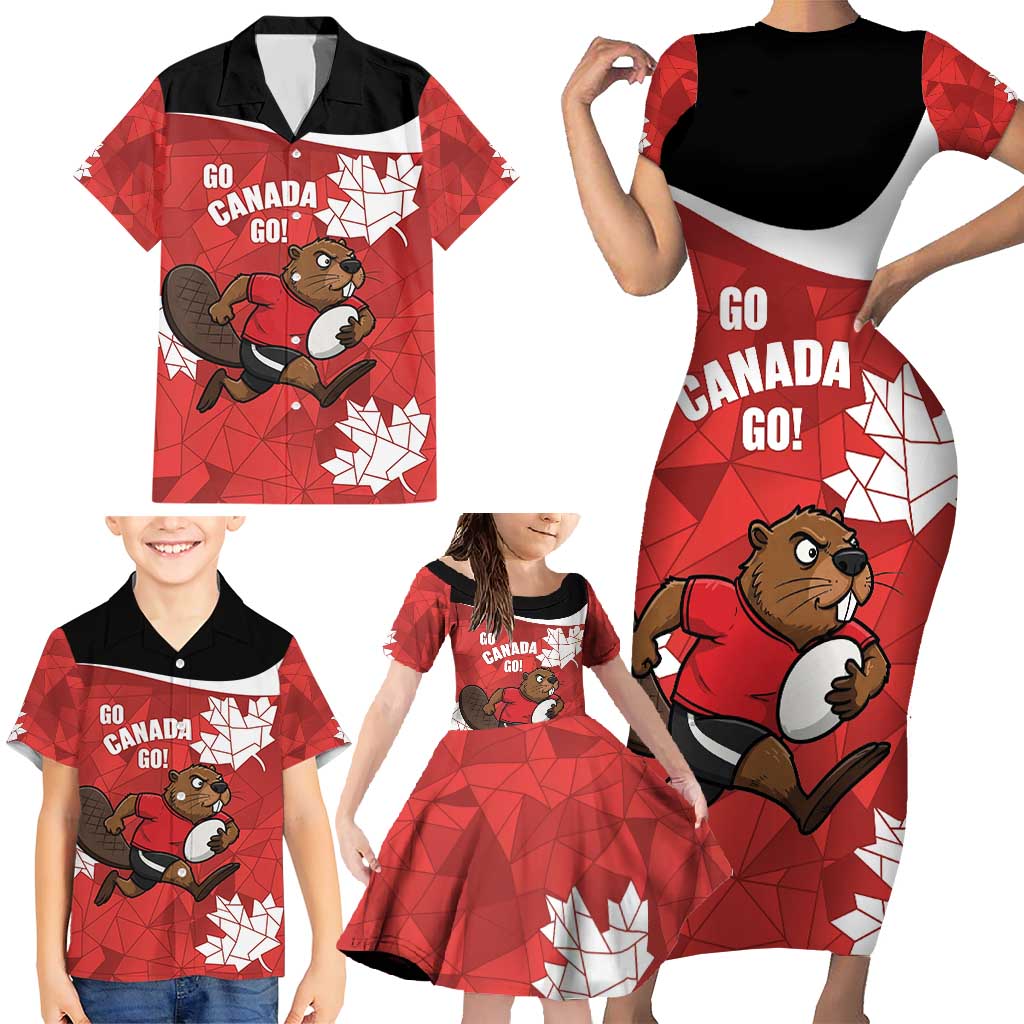Canada Rugby Custom Family Matching Short Sleeve Bodycon Dress and Hawaiian Shirt Beaver Mascot Go Canadian