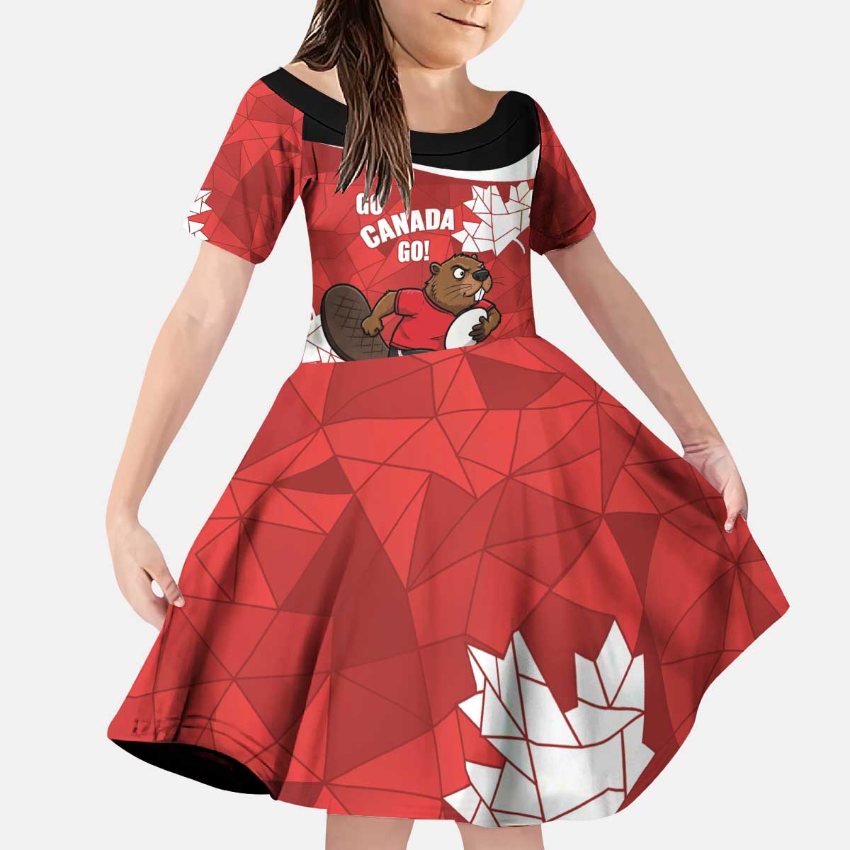 Canada Rugby Custom Kid Short Sleeve Dress Beaver Mascot Go Canadian