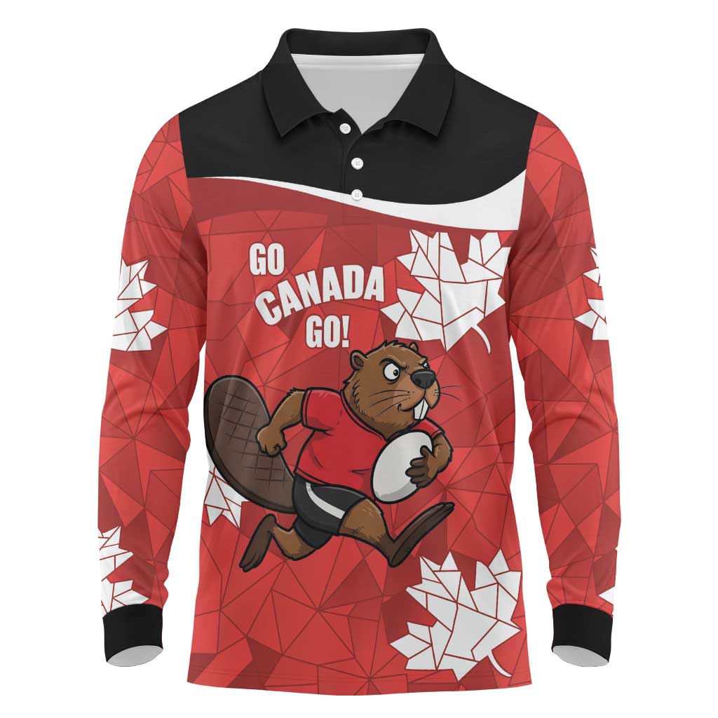 Canada Rugby Custom Long Sleeve Polo Shirt Beaver Mascot Go Canadian