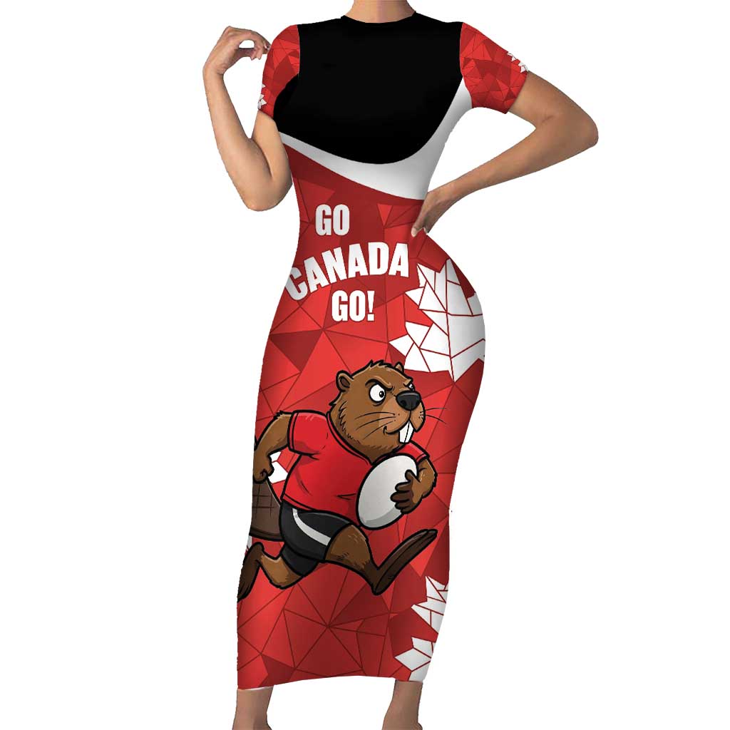 Canada Rugby Custom Short Sleeve Bodycon Dress Beaver Mascot Go Canadian
