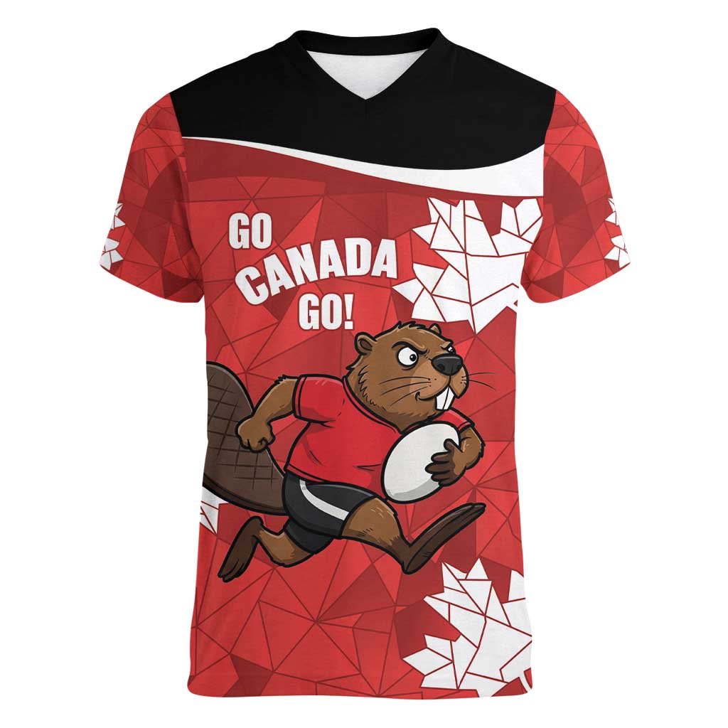 Canada Rugby Custom Women V-Neck T-Shirt Beaver Mascot Go Canadian