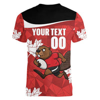 Canada Rugby Custom Women V-Neck T-Shirt Beaver Mascot Go Canadian
